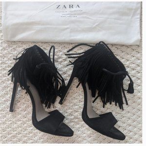 Zara BLACK High Heel Fringe Ankle Strap Sandals